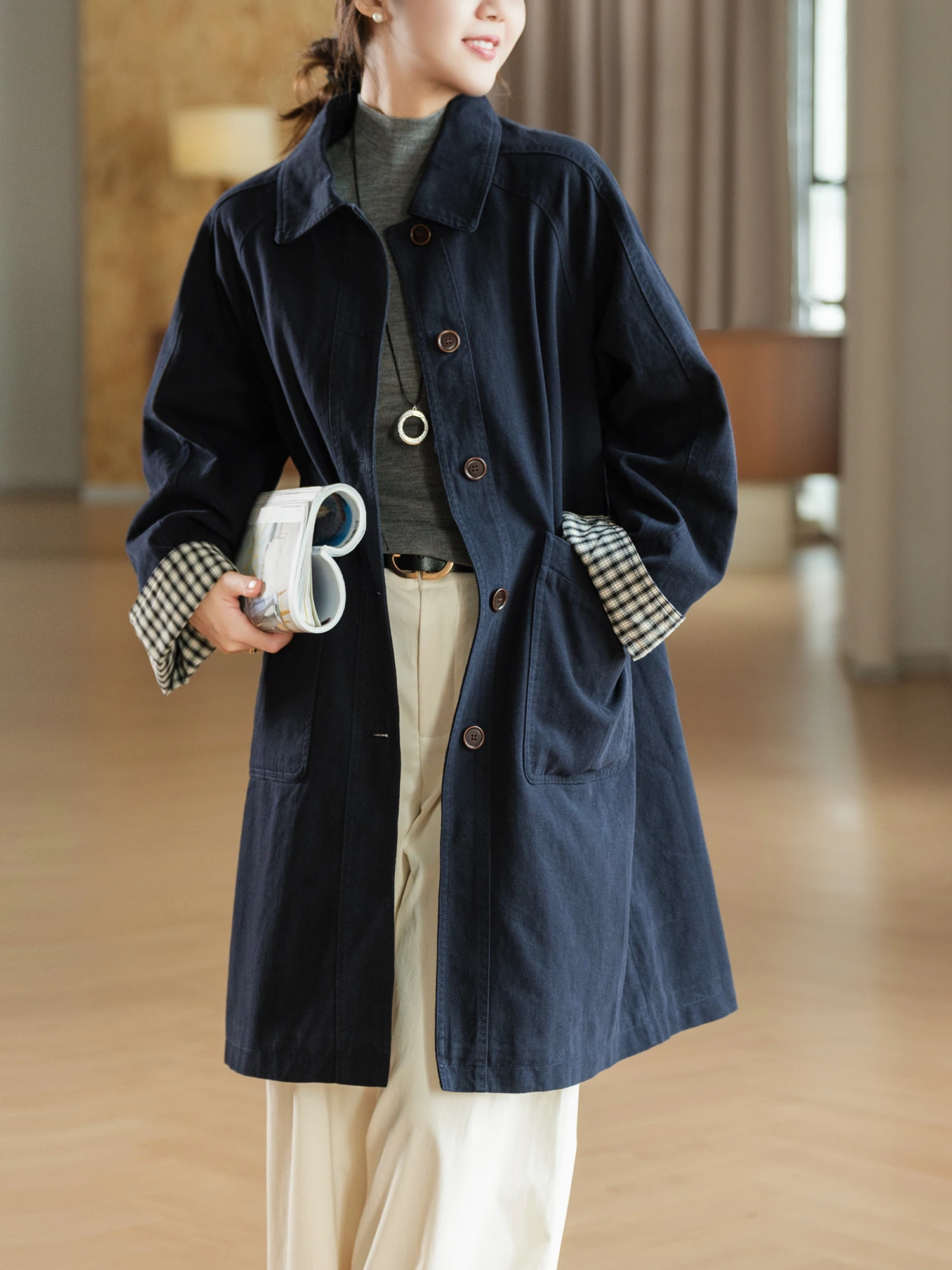 Small Ear Production! Heavyweight Sand Wash Plaid Sleeve Patchwork Mid-Length Coat 100% Cotton Precision Combed Long Coat