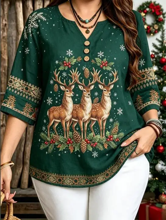 Christmas Reindeer Santa Xmas Tree Snowflake Ethnic Border Spliced Women Blouse 3/4 Sleeve Notch V Neck Decor Button Shirts