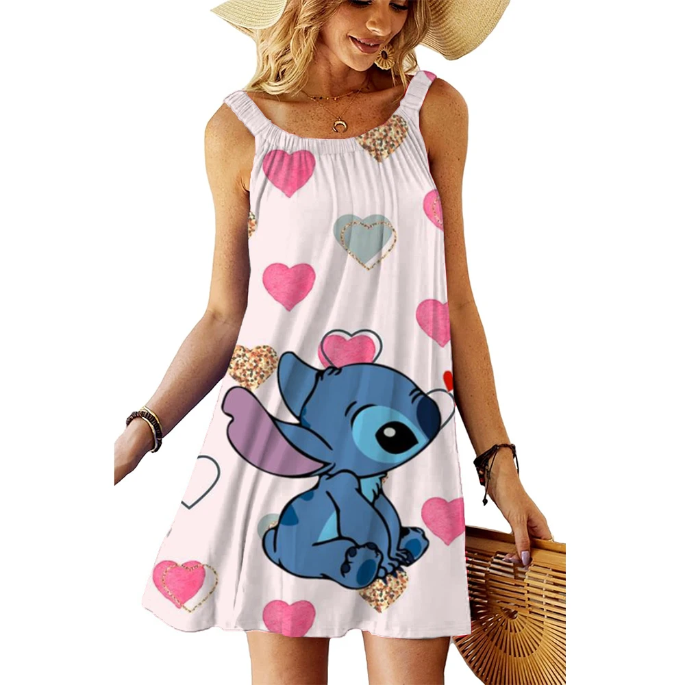 

Disney Beach Dress Y2k Loose Elegant Dresses Women 2025 Party Cartoon Sexy Woman Clothes Robe Stitch Sling Sleeveless Printed