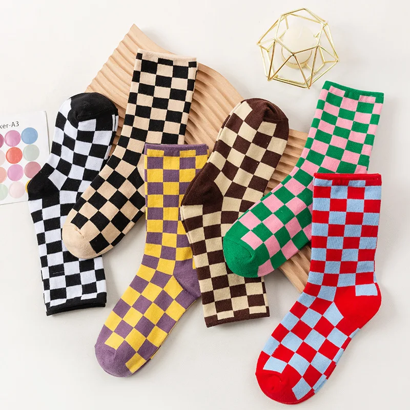 Women Socks Geometric Checkered Korea Funky Harajuku Trend Checkerboard Socks Men Hip Hop Cotton Unisex Streetwear Novelty Socks