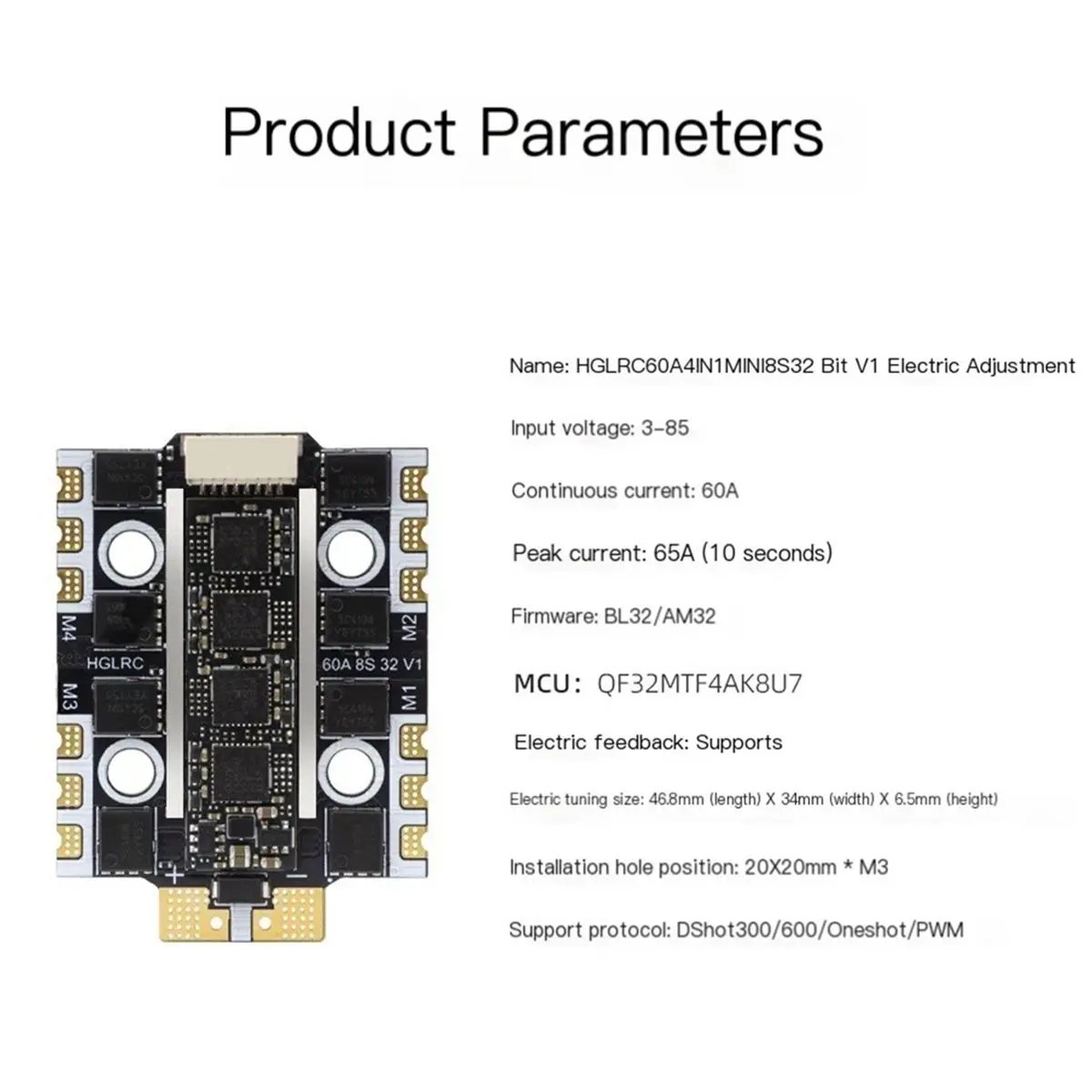 60A 4IN1 MINI ESC 3-8S 32-Bit Supported DShot300 / DShot600 Oneshot PWM for FPV Racing Drone RC AM32