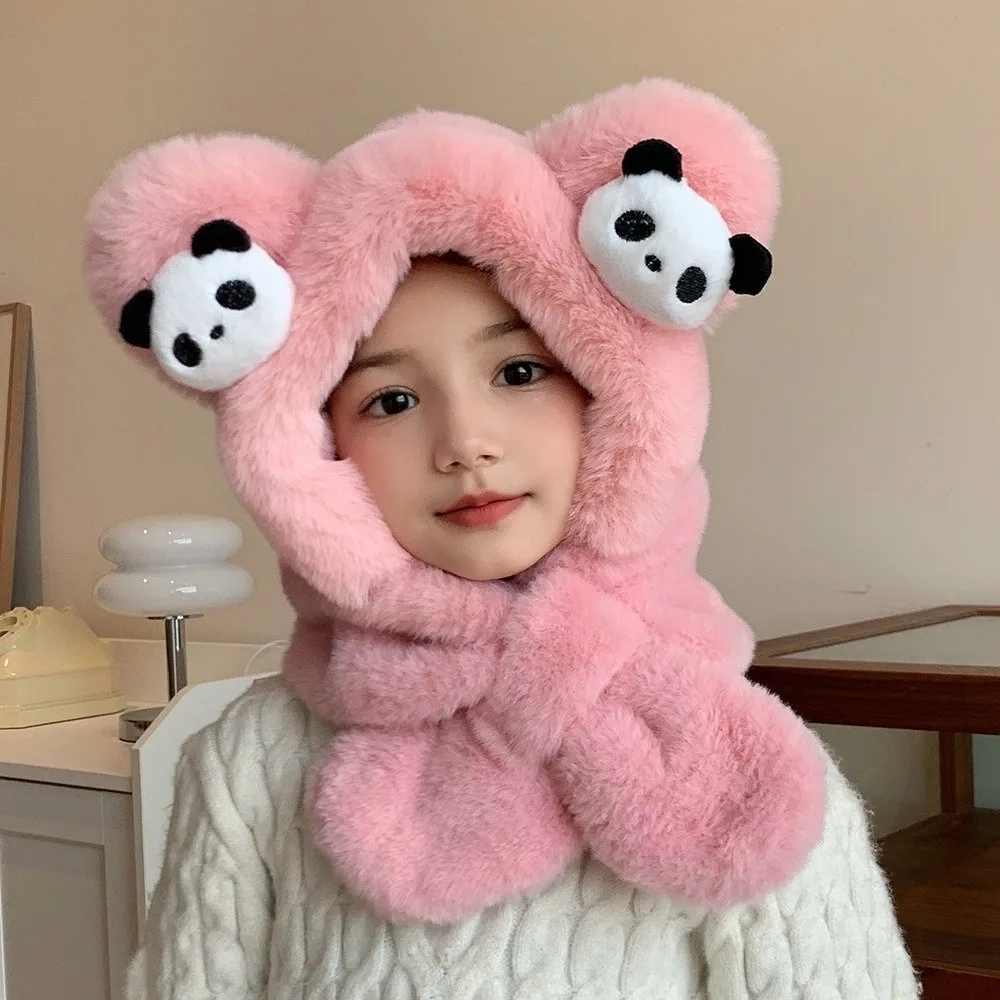 

Fashion Faux Fur Hat Scarf Set Warm Cartoon Panda Winter Hat Scarf Ear Protection Windproof Neck Circle Scarf Children