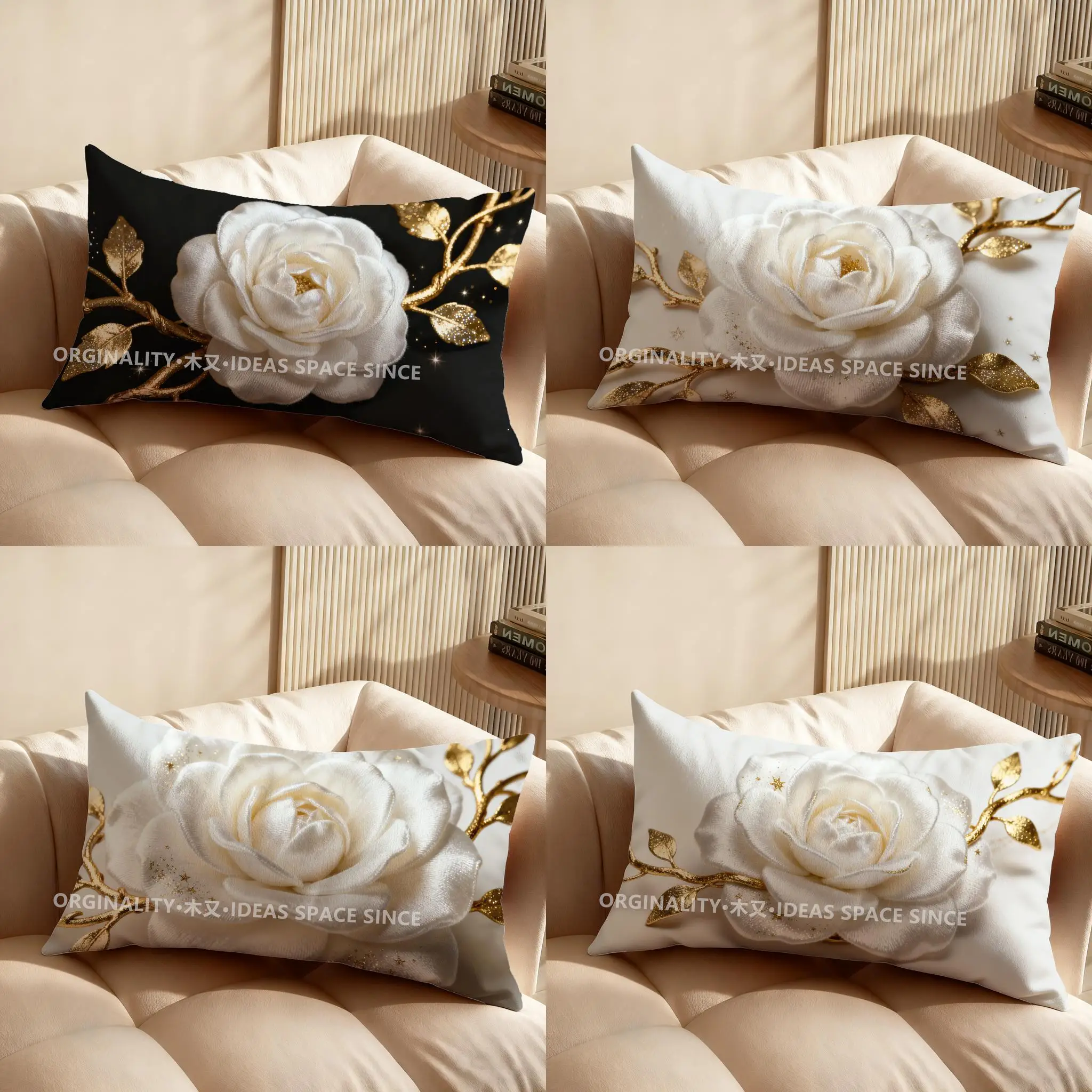 

2D-подушка в форме белой розы с золотыми листьями, подходит для дивана, спальни, автомобиля, прямоугольная подушка для спины.