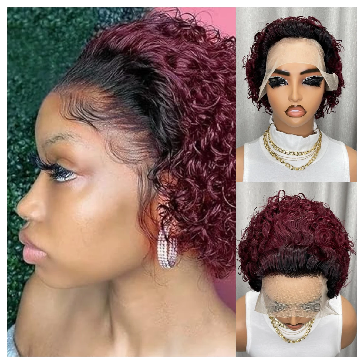 버건디 픽시컷 가발 픽시컷 13x1 레이스 프론트 가발 곱슬 짧은 인모 가발 흑인 여성용 레미 인모