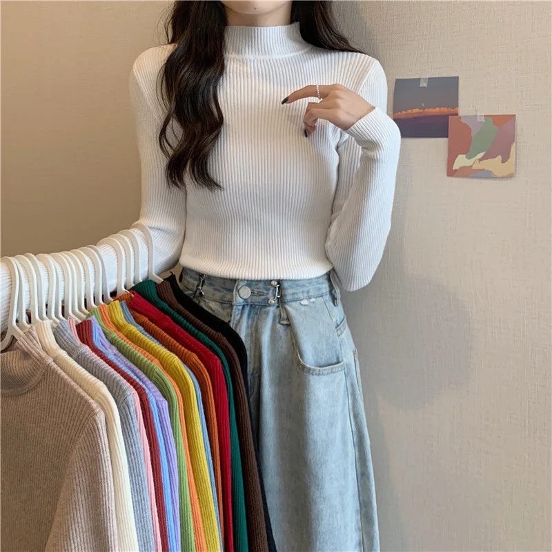 Pull Vintage à Col Montant pour Femme, Vêtement Basique, Solide, Décontracté, Slim, Coréen, Simple, Chic, Automne Hiver