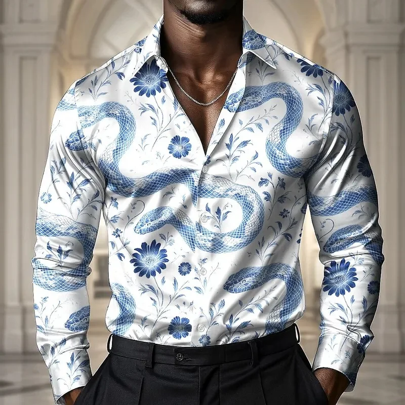Men's Animal Snake Flowers Casual Shirt Long Sleeve Vintage Retro Vacation Daily wear Fall Turndown 3D Print Button Up Shirts