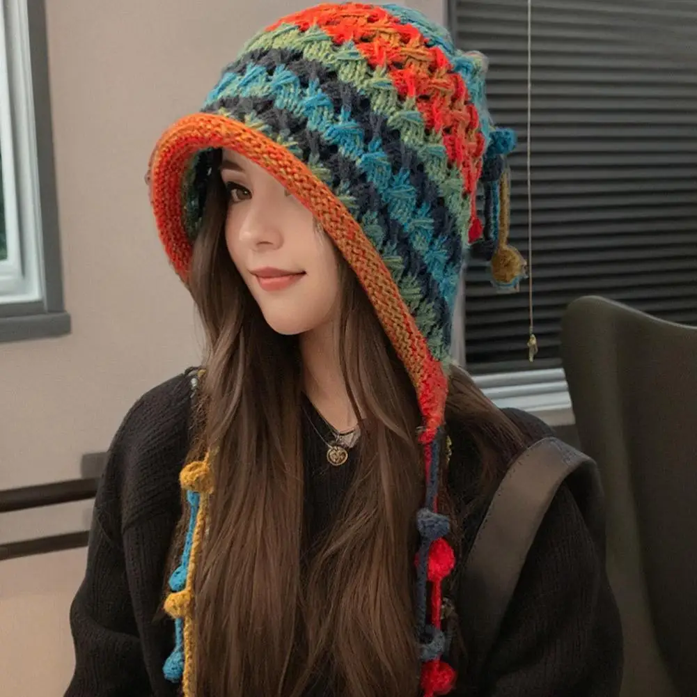 Colorful Rainbow Striped Wool Beanie Hat for Winter