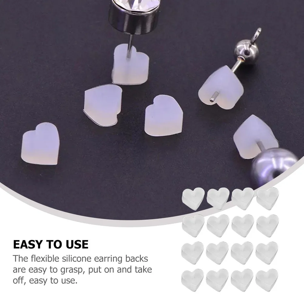 100Pcs Premium Flexible Silicone Heart Earring Backs Stoppers Clear Secure Locking Earring Plug for Women Jewelry DIY