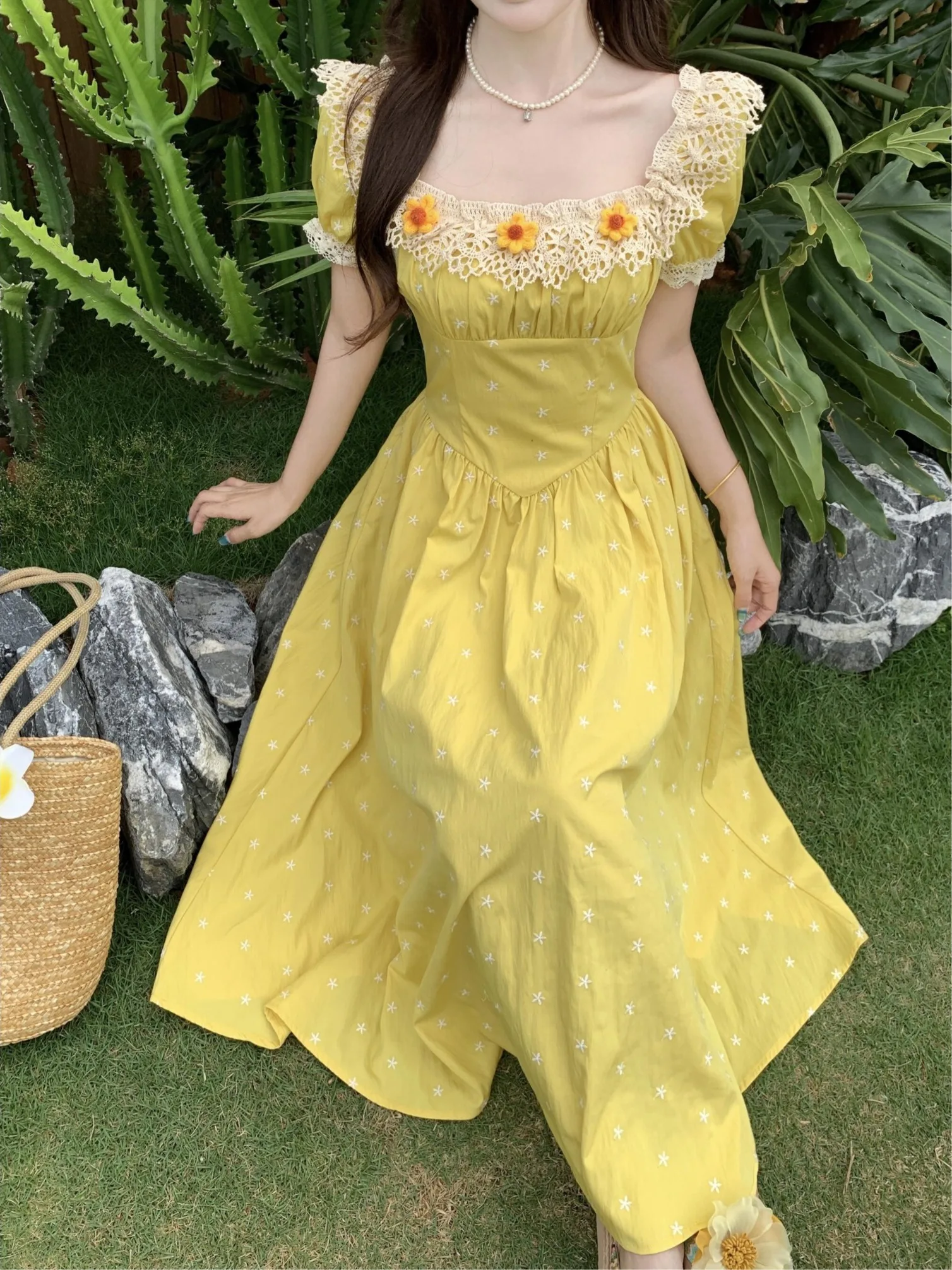 

Yellow Square Collar Short Sleeve Long Dress Women's Summer New High Waist In-Style Commute Korean Version Slim Fit Dress