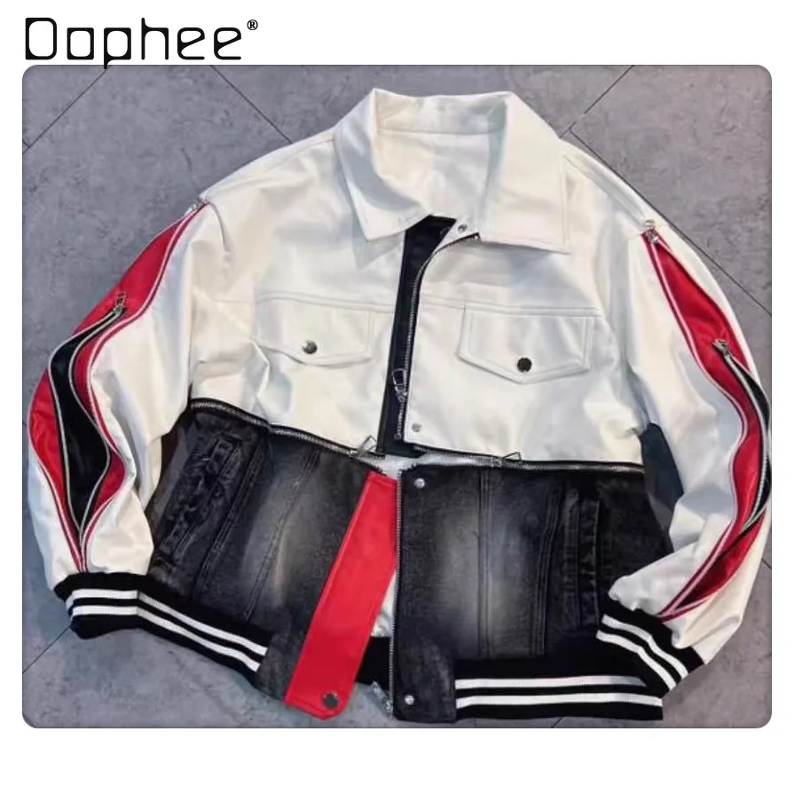 

European Denim Jacket Women's 2025 Autumn New Heavy Industry Letter Embroidery Splicing PU Leather Sleeves Zipper Jacket Tide