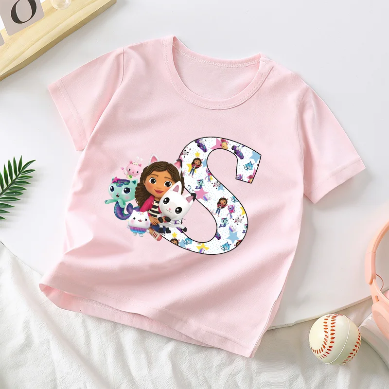 

Хлопковые летние рубашки с короткими рукавами Gabby Dollhouse, топы с буквами A-Z, розовая футболка с аниме, детская футболка для девочек, футболки, повседневная одежда