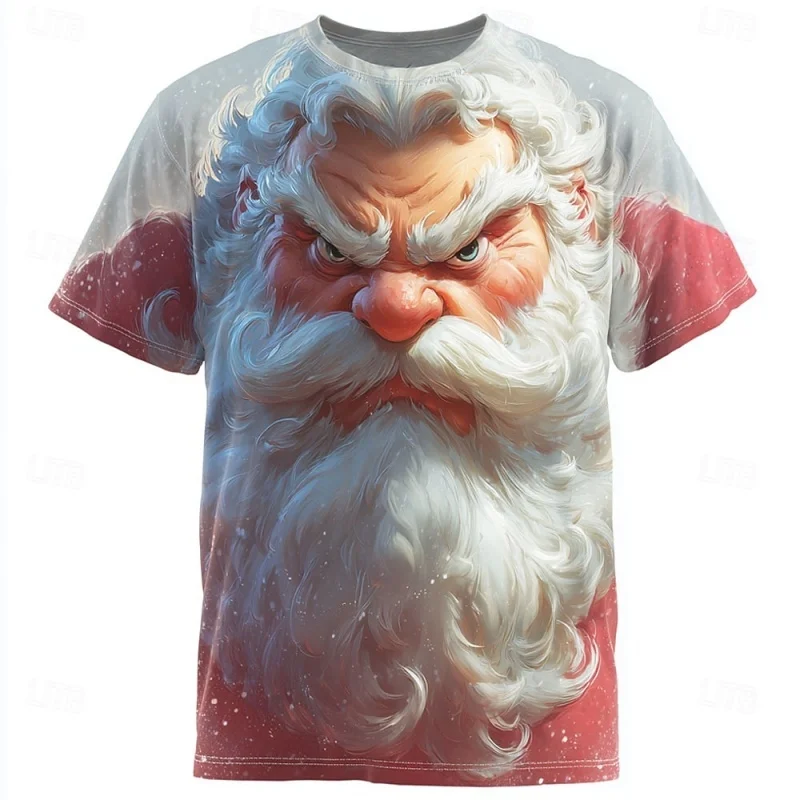 Angry Santa Claus Pattern T-Shirt For Men Christmas 3D Printed T Shirts Summer Loose Short Sleeved Tops Casual Round Neck Tees