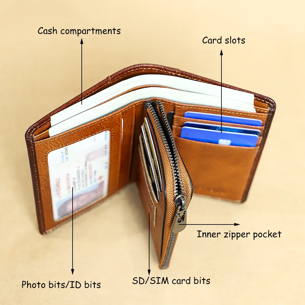 Genuine Leather Wallets for Men Vintage Short Multi Function Business Purse RFID Blocking Zipper ID Credit Card Holder Money Bag