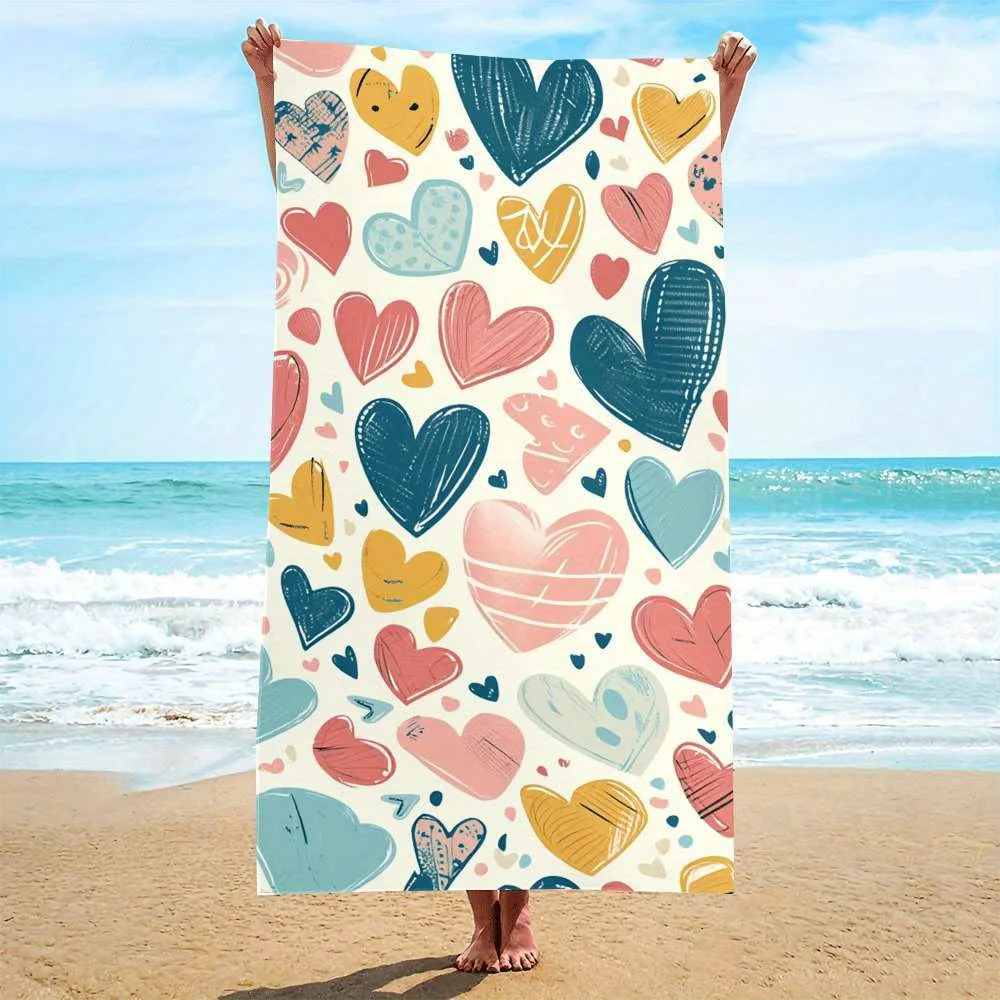 Microfiber Colorful Heart Pattern Beach Towel Quick- Ultra-Fine Fibers with Strong Wrap Design for Pool and Seaside Use