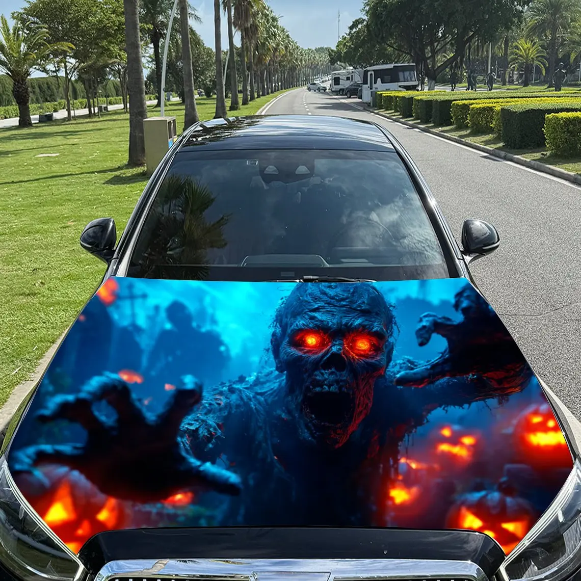 

Pumpkin Lanterns And Terrifying Skeletons Car Hood Sticker, Durable PVC Vinyl Film Suitable For Most Vehicles, Hood Protection F