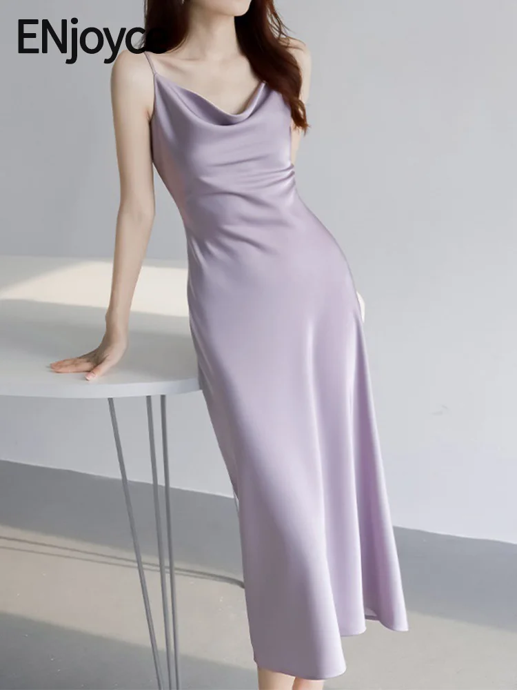 

ENjoyce Summer Vintage Simple Satin Suspender Long Dress Ladies Work Wear Korean Fashion Sleeveless A-Line Maxi Dresses