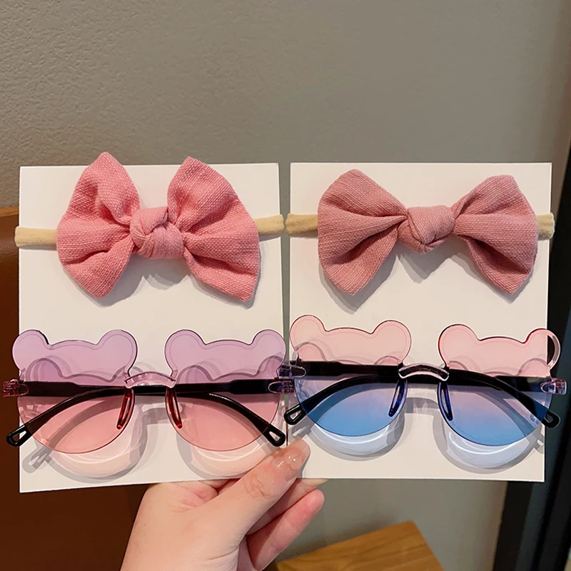 2 Pcs/Set Colors Soft Bowknot Wide Hairband Transparent Gradient Bear Shape Sunglasses Boys Girls Headwear Kids Hair Accessories