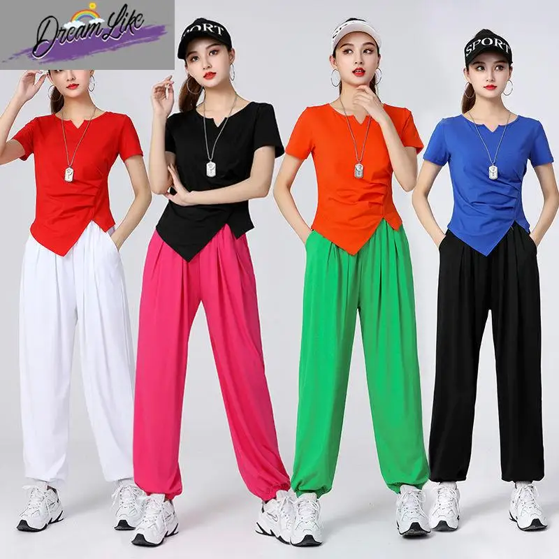 

Slimming Fitn Dancewear Set Women's Summer Square Dance Clothes Lantern Pants Exercise Suit Cotton Tee-acetate Fiber