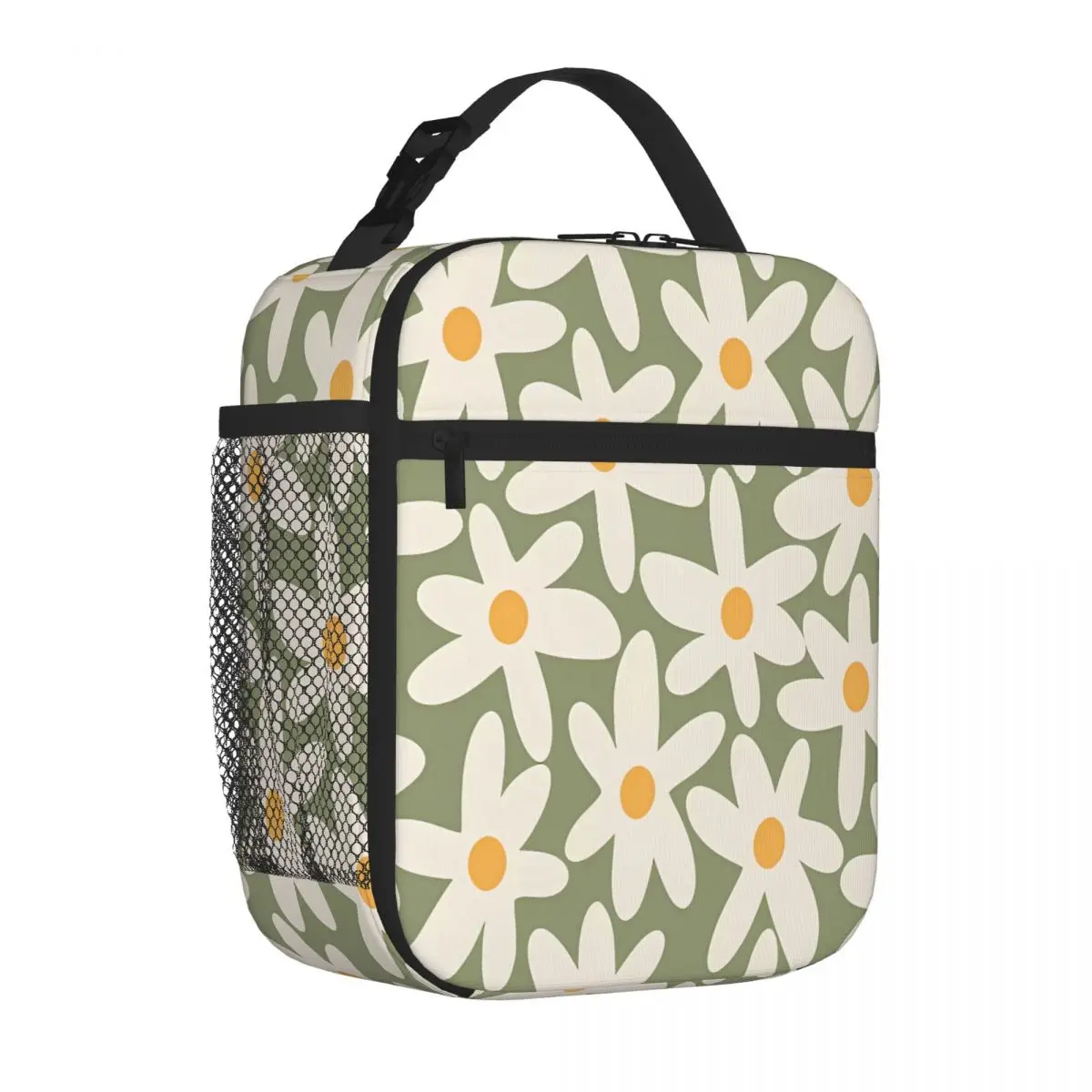 Bestselling Daisy Time Retro Flower Pattern Sage Green Beige Fruit Print Insulated Snack Tote Seaside Lunch Thermal Tote