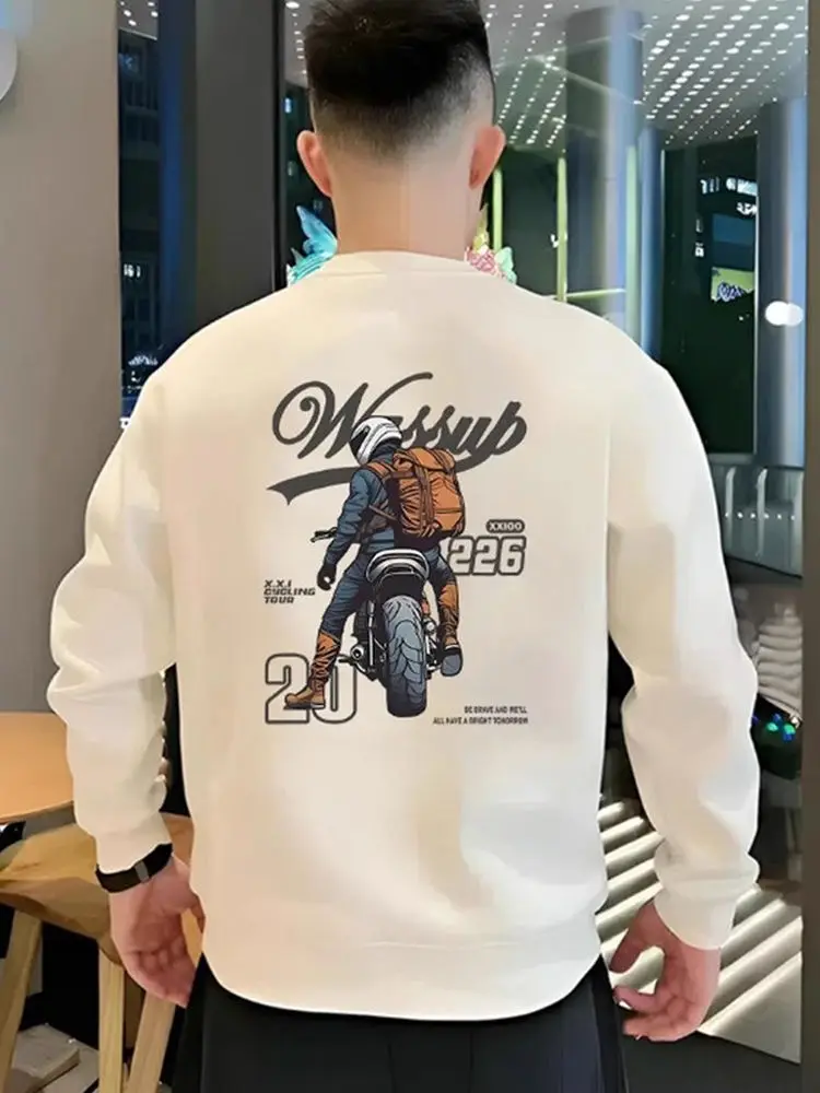 

Осенне-зимняя новинка: Мужской модный свитшот с круглым вырезом и принтом, с мотоциклетными наклейками, повседневная удобная хлопковая базовая футболка