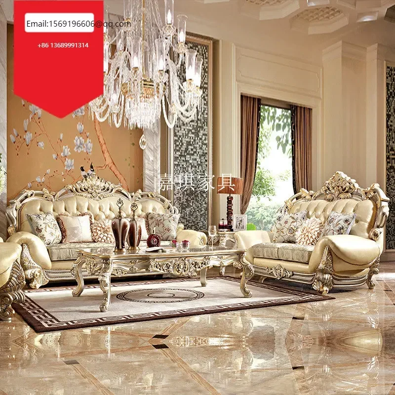 

Custom luxury European leather sofa combination large family palace all solid wood carved villa furniture