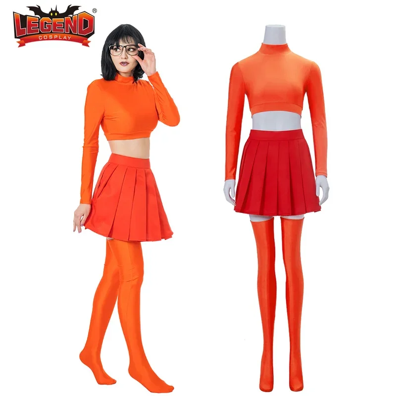 Anime Velma Cosplay Costume Danger Prone Velma Sexy Orange Uniform Suit Crop Top Mini Skirt Full Set Halloween Carnival Outfit