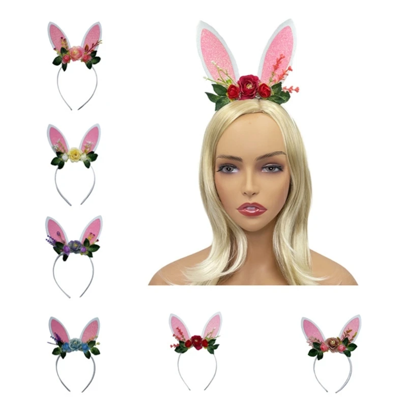 

M2EA Flower Decor Bunny Ears Hair Hoop Women Teenagers Makeup Headband for Easter Halloween Cosplay Hair Accessories