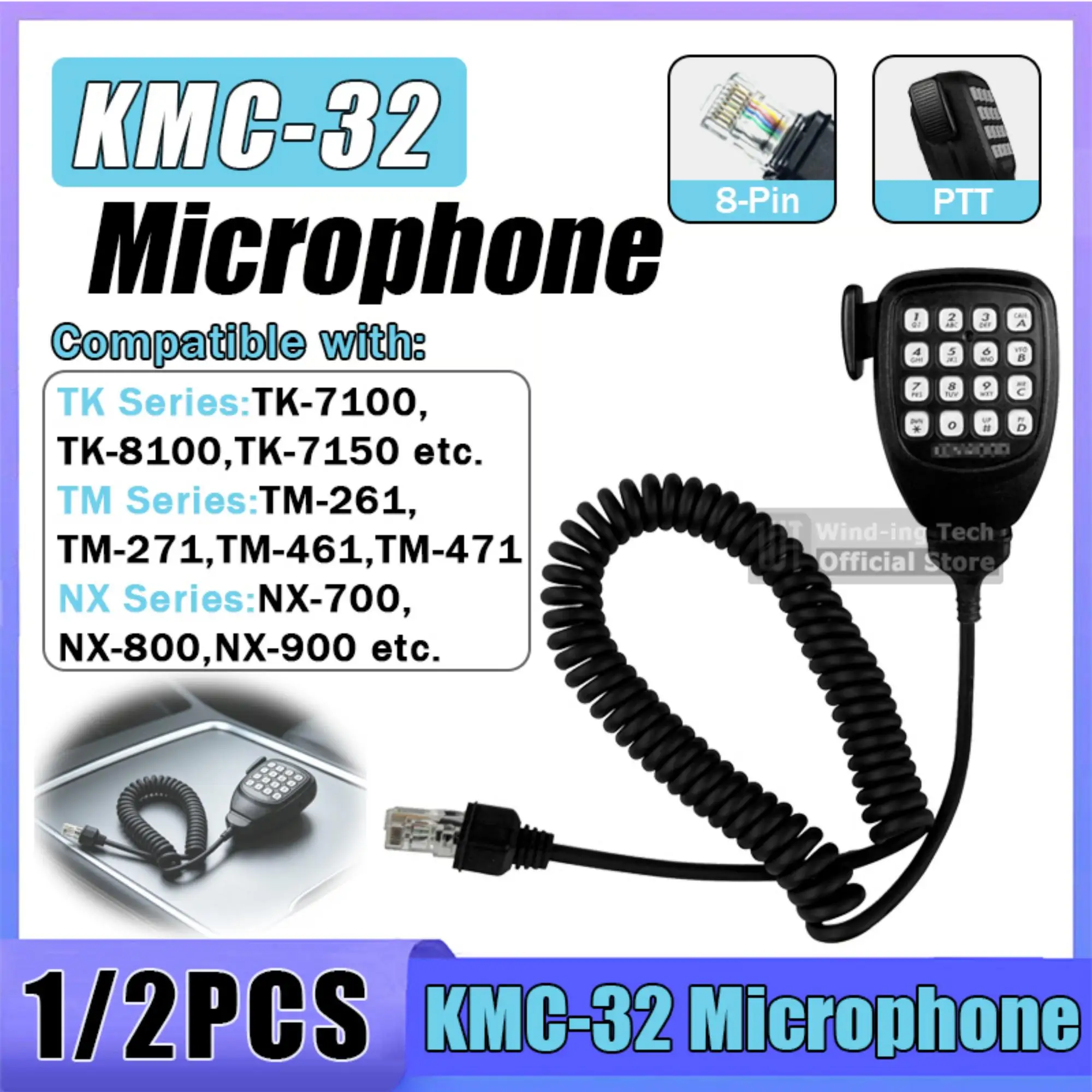 

KMC-32 Microphone 8 Pin Connector DTMF PPT Long Cable Hand Mic Compatible with Kenwood TM-271 NX-900 TM-461 TM-261 Walkie Talkie