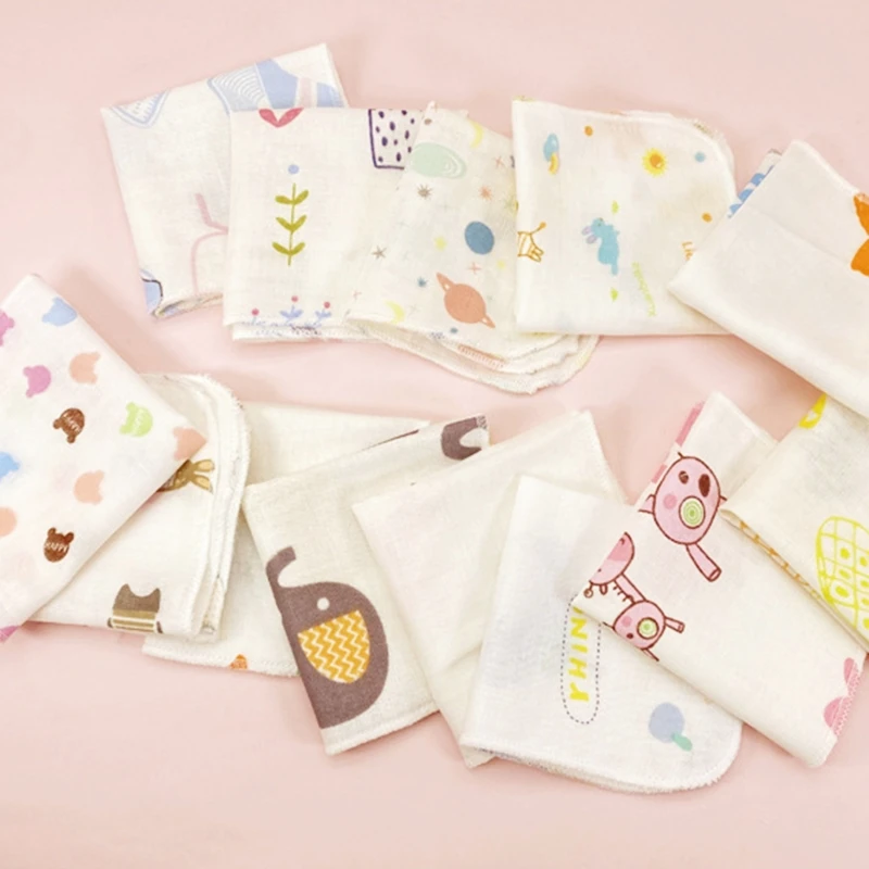 10Pcs Baby Basten Set Leuke Cartoon Print Dubbellaags Gaas Baby Gezicht Handdoek Herbruikbare Doekjes Absorberende Spuugdoekje