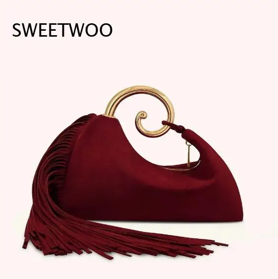 Burgundy Suede Evening Clutch Bag Spiral Gold Metal Ring Handle Long Fringe Detail Luxury Formal Wedding Party Handheld Purse