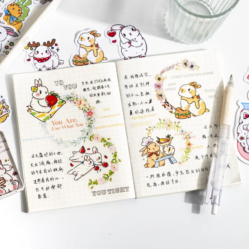30 Sheets Bunny Miemie Series Kawaii Rabbit Theme Washi Paper Crystal Ink Sticker Creative DIY Collage Decor Stationery