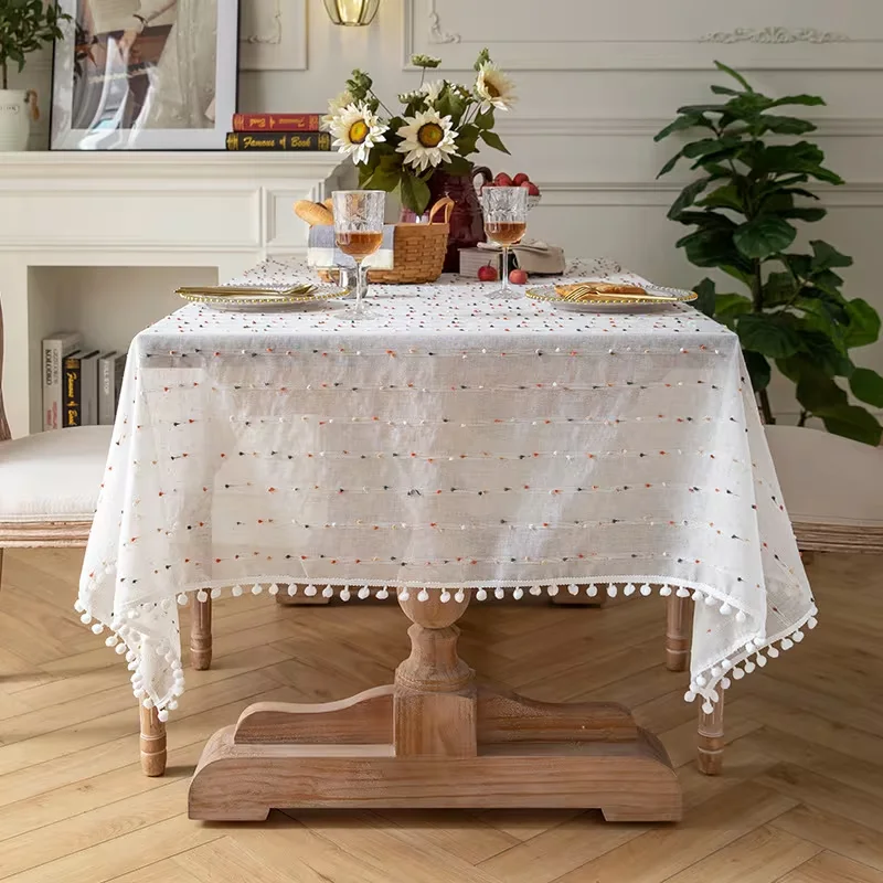 1pc Colorful Candy Bean Lace Tablecloth, Pom-pom Fringe, Dustproof, Holiday Decor Pastoral Elegance French Retro Cover for Table