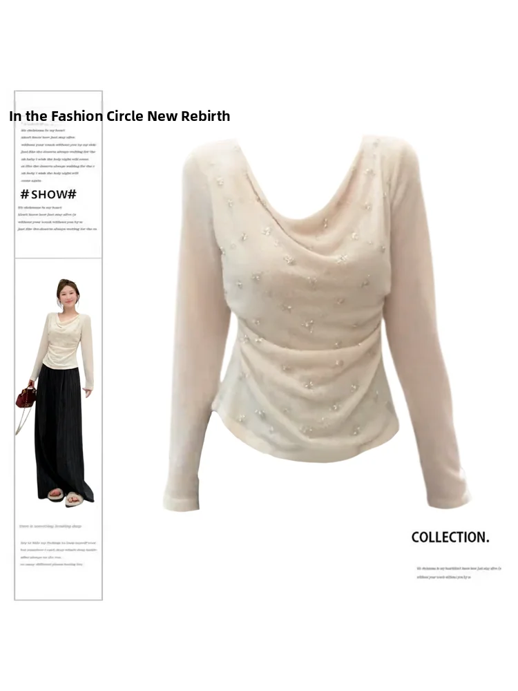 

Женский трикотажный топ больших размеров с длинным рукавом и круглым вырезом, облегающий, универсальный, в французском стиле, для повседневной носки, новинка весны