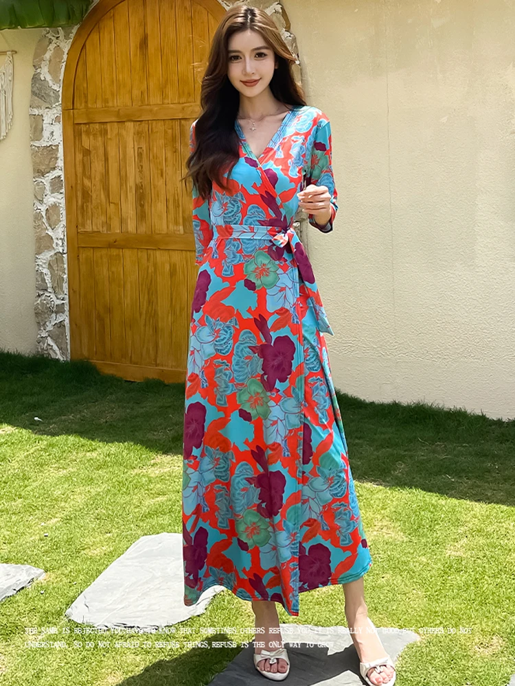 ZAROY Elegant Floral Beach Vacation Wrap Long Dress Summer Women Clothes Sexy V Neck Half Sleeve Belted Dress Vestido De Verano