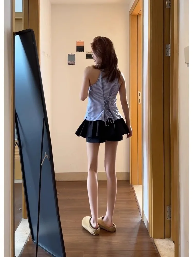 Summer New Women's Purple Striped Svel irt Waist Cinched Belted Spicy Girl Beautiful Small Top French Sle Slim Fit