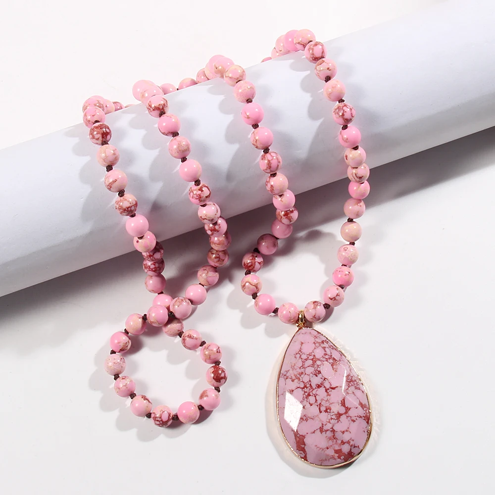 Fashion Lover Gift Lady Bohemian Jewelry Natural Gemstone 8mm Pink Imperial Stone Knotted Faced Drop Pendant Necklaces