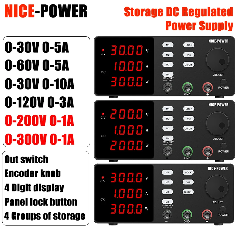 

Лабораторный блок питания NICE-POWER 200В/300В 1А постоянного тока, настольный, 30В 10А, с 4-мя группами выходных каналов и функцией сохранения настроек