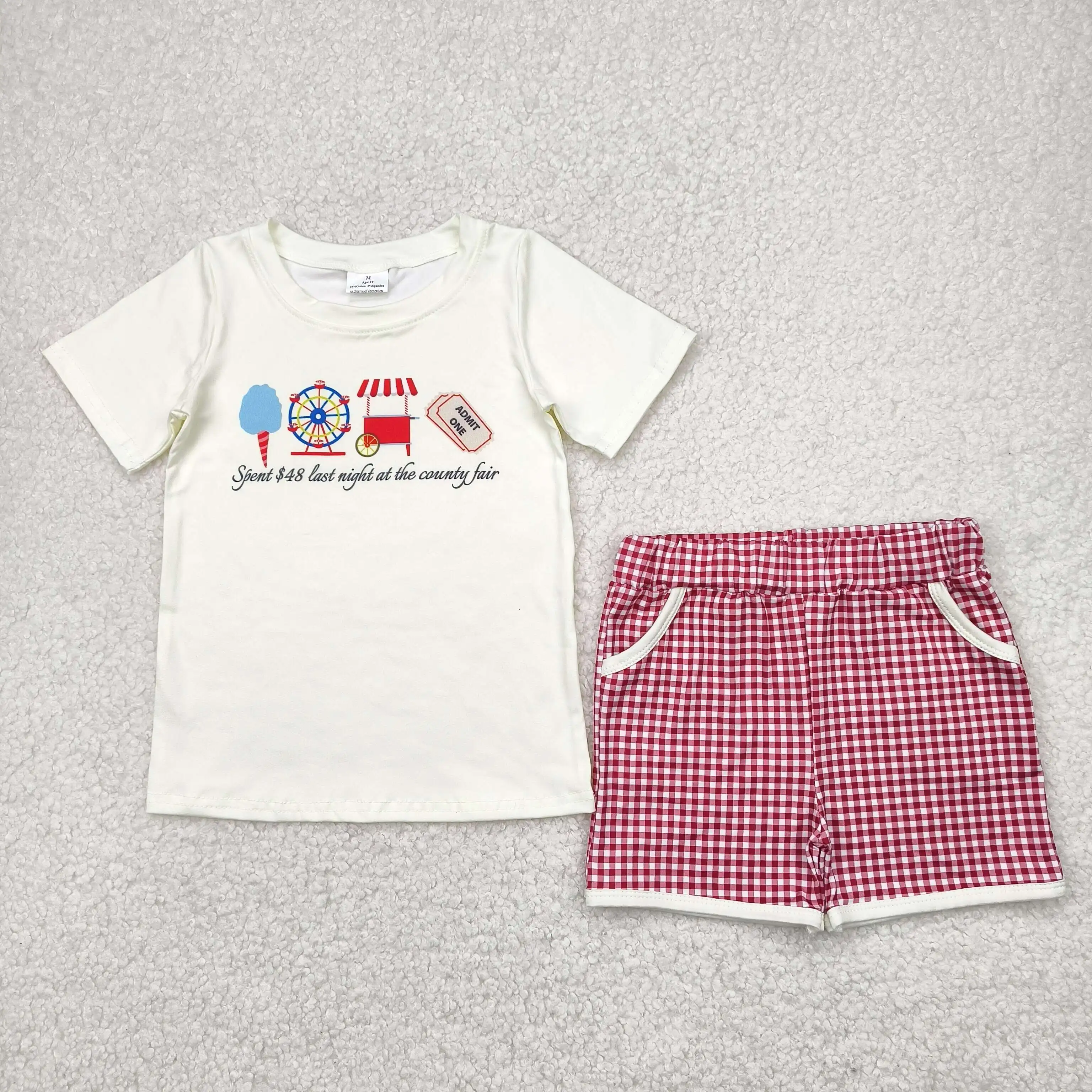 

Hot Sale Fashion Kids Designer Clothes Boys Shorts Sets Ice Cream Store Top Red Plaid Pockets Baby Boys Clothes