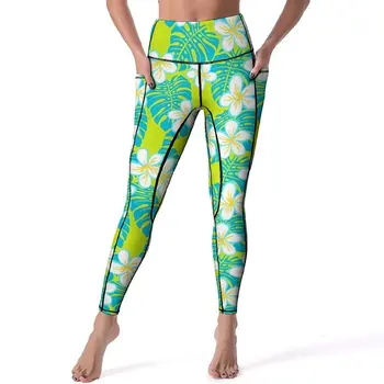 Leggings de yoga à fleurs tropicales hawaïennes, pantalons de fitness sexy, collants de sport élastiques, taille haute, poches, mode graphique