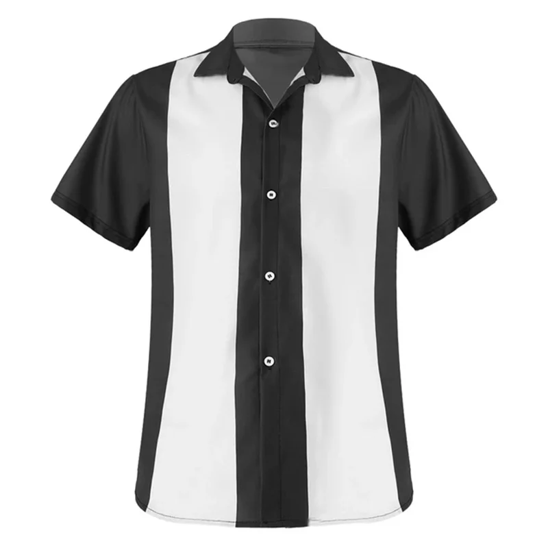 Selling new men\'s bowling shirt Retro short sleeve button casual 50t color block striped notch collar shirt 5XL