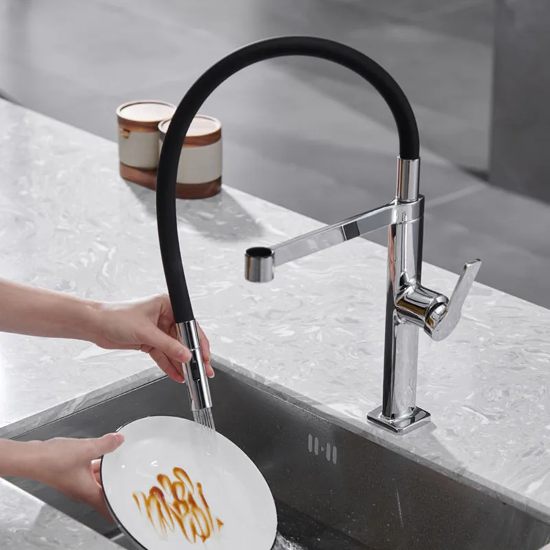 ทองแดงดึงลงก๊อกน้ําอ่างล้างจานดาดฟ้าติดตั้ง Mixer TAP 360 องศาหมุนอ่างล้างจานร้อนเย็นก๊อก Crane Gun สีเทา/สีดํา