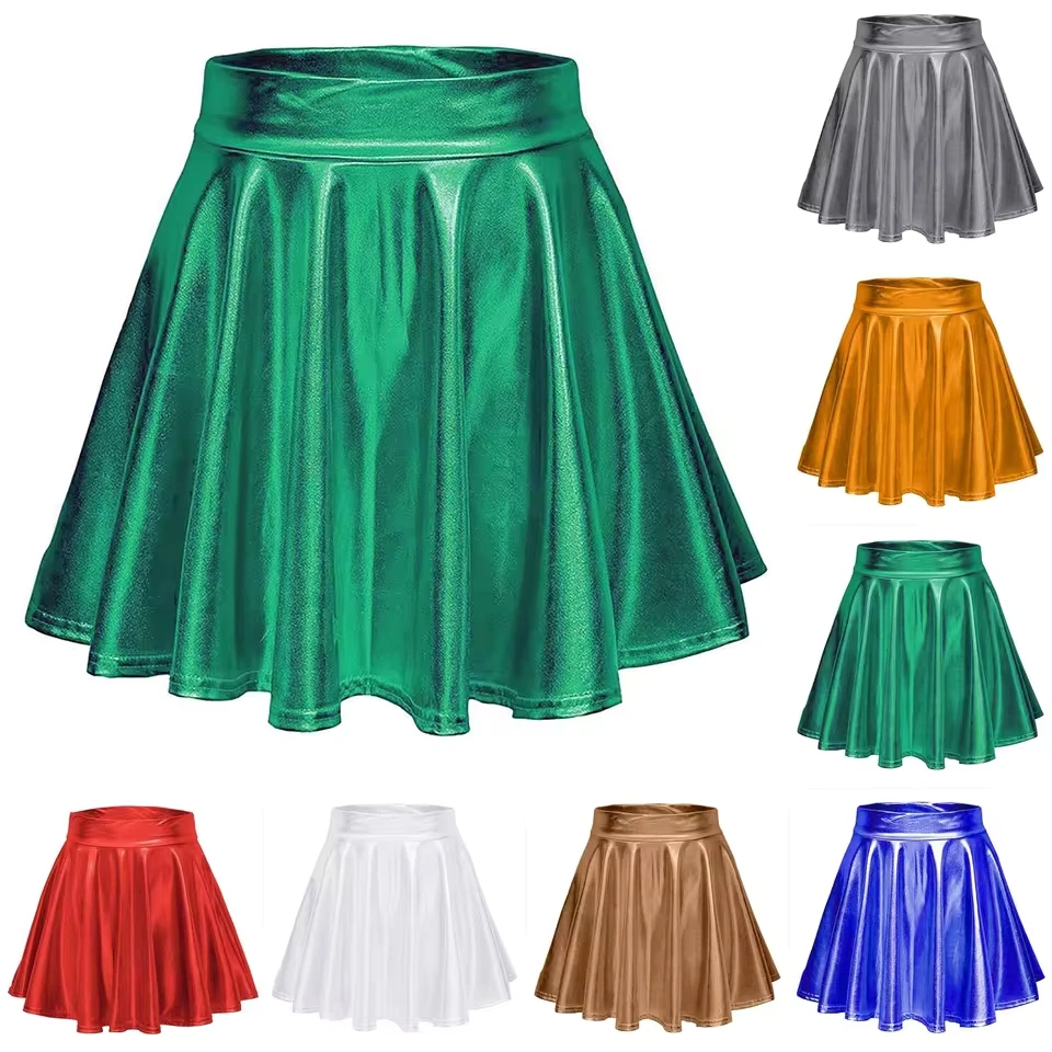 Women'S Metallic Skater Skirt Sparkly Shiny Flared Pleated A Line Mini Skort Skirts Club Party Carnival Solid Skirts