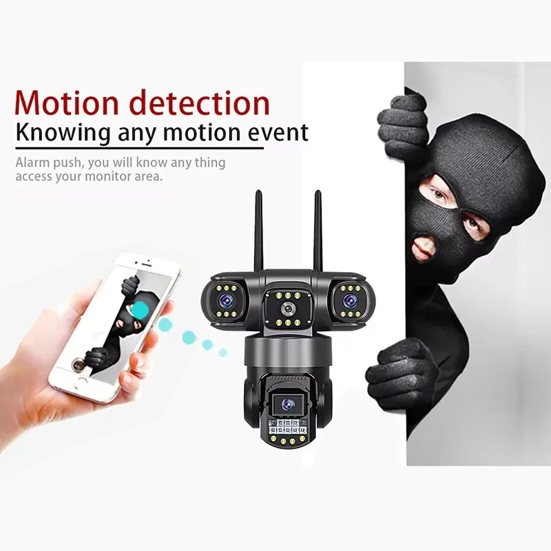 12MP 6K Three Len Three Screen WiFi Camera Outdoor Security Cam PTZ 360° Security Protection CCTV Surveillance Cam V380