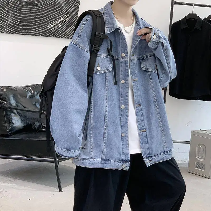

Свободная мужская джинсовая куртка в корейском винтажном стиле, осенняя модная куртка в гонконгском стиле, трендовая рабочая одежда, верхняя одежда с длинными рукавами