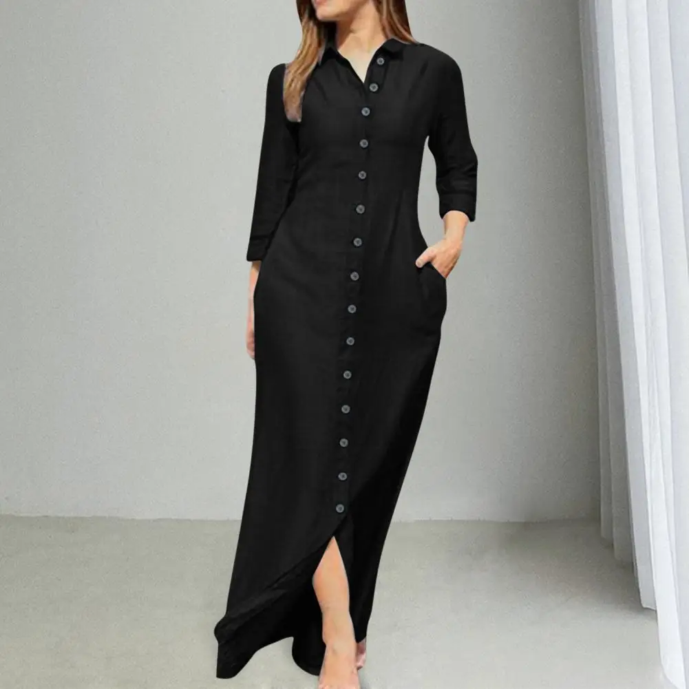 

Women Loose Dress Solid Color Maxi Dress Elegant V Neck Maxi Dress with Side Pockets Split Hem for Women Breathable Ankle Length