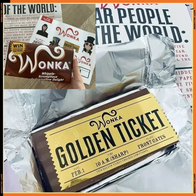 Wonka Charlie Chocolate Golden Ticket Anime Gold Voucher Brooch Pin Badges Metal Pins Bookmark Collection Valentine's Day Gift