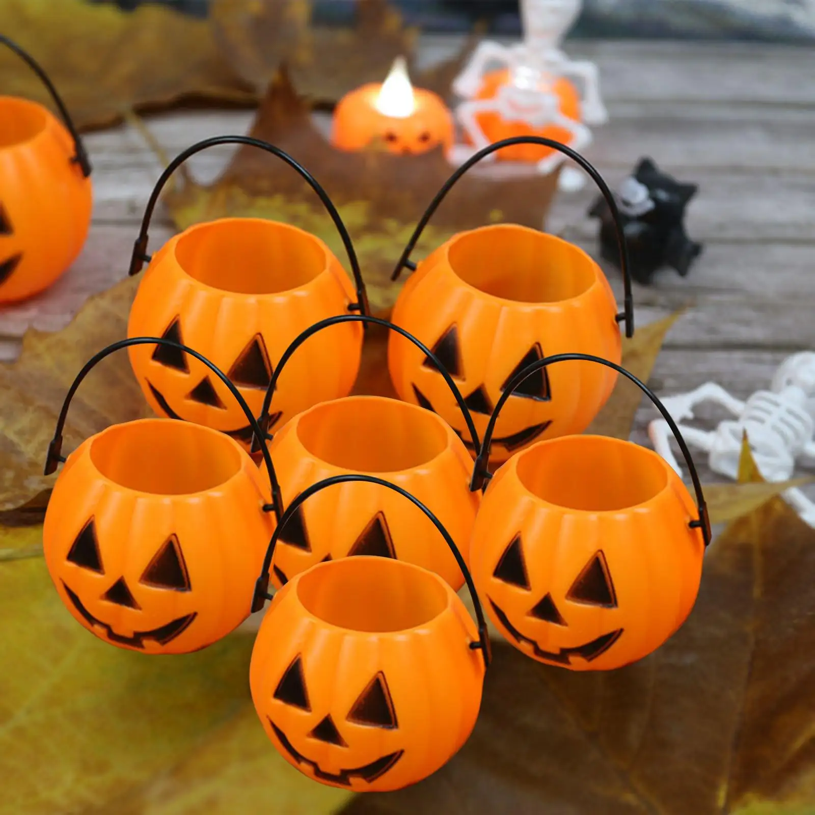 6Pcs Halloween Pumpkin Buckets Sweet Holder Decor Pot Props Jar Trick or