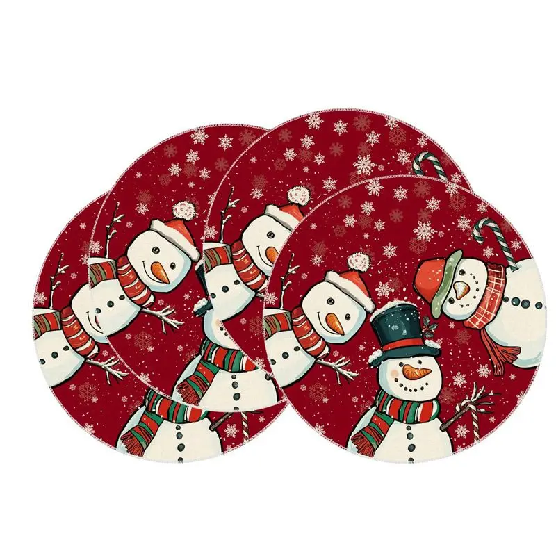 Wine Red Snowman Gingerbread Man Round Christmas Mat Wear resistant Plate Mat Home Table Decoration Mat