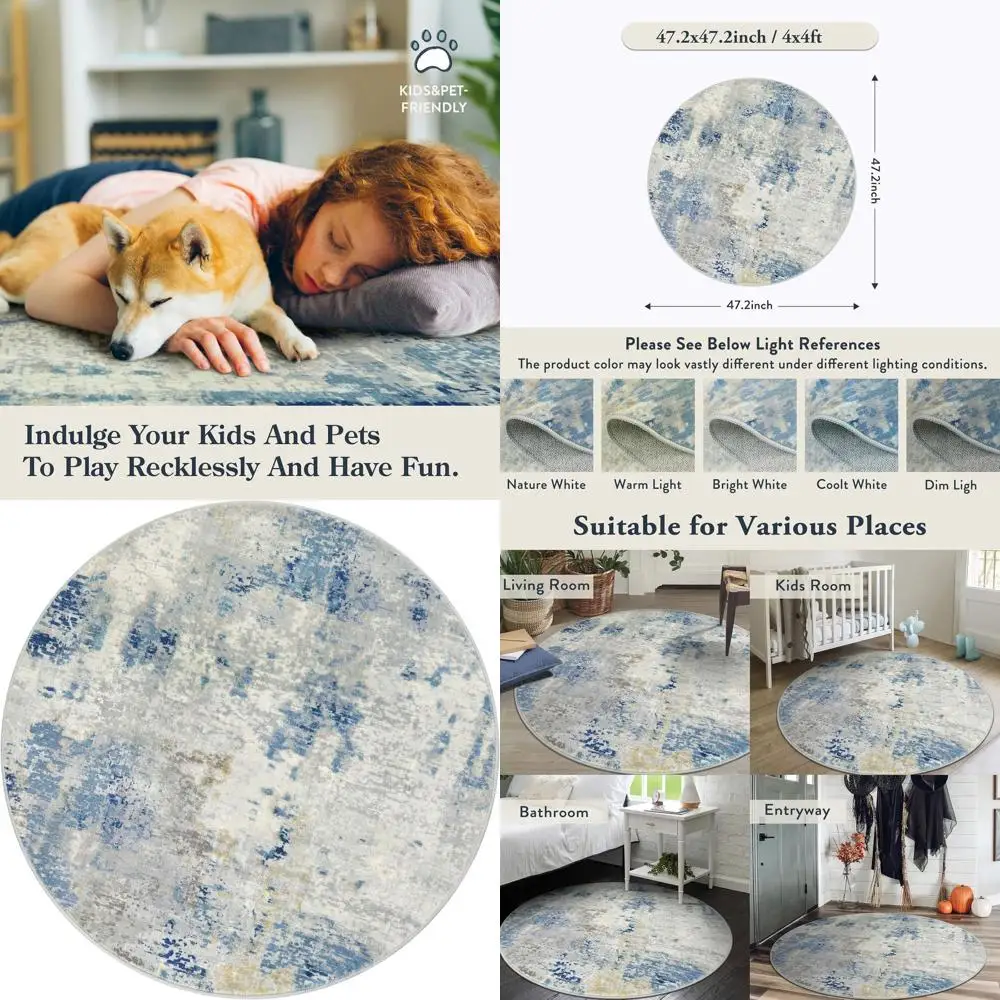 

Contemporary 4x4' Round Blue Rug, Washable Door Mat, Non-Slip Entryway & Bedroom Carpet, Modern Indoor Floor Decor for Living Ro