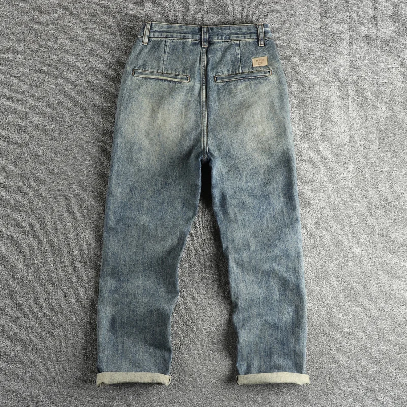 

Fashion Back Pocket Design Retro Blue Jeans Men Loose Straight High Street Trend Street Wide Leg Long Pants